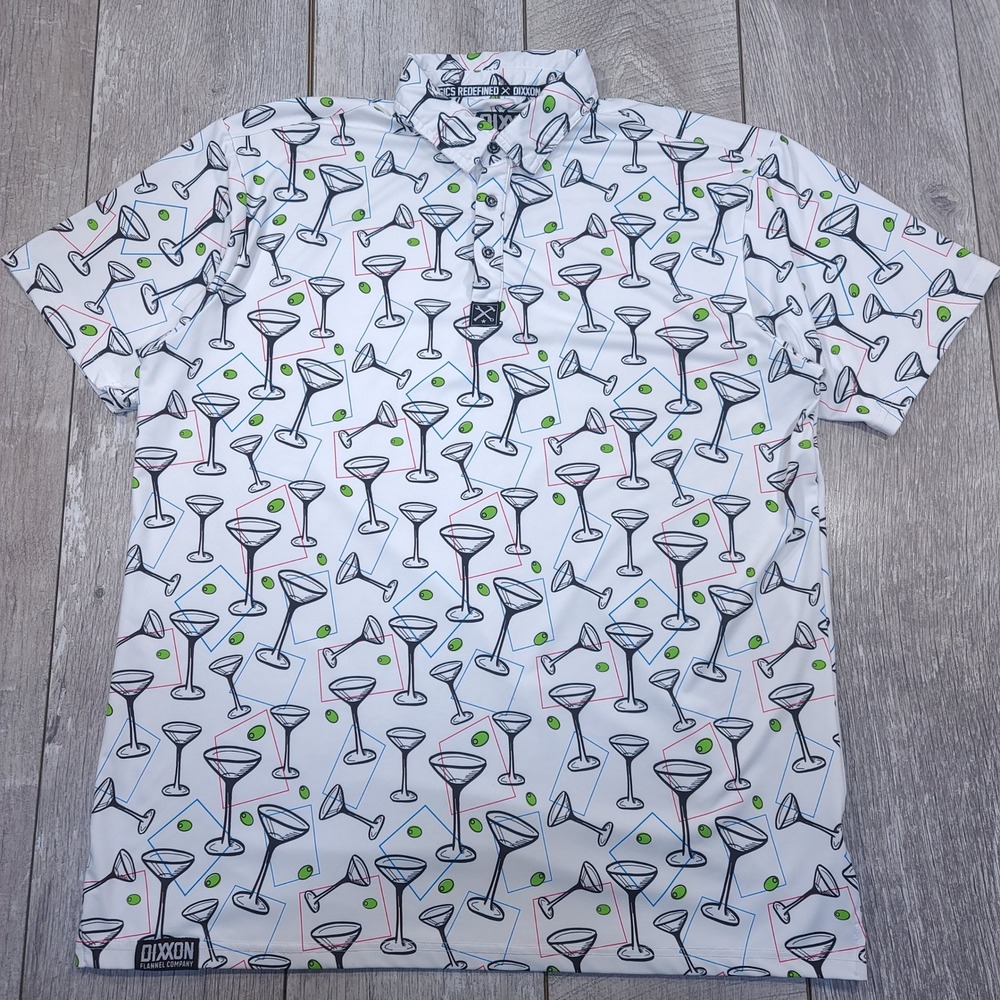 Dixxon Polo Shirt Mens XL White Martini Glass Olive Print D-Sport Performance